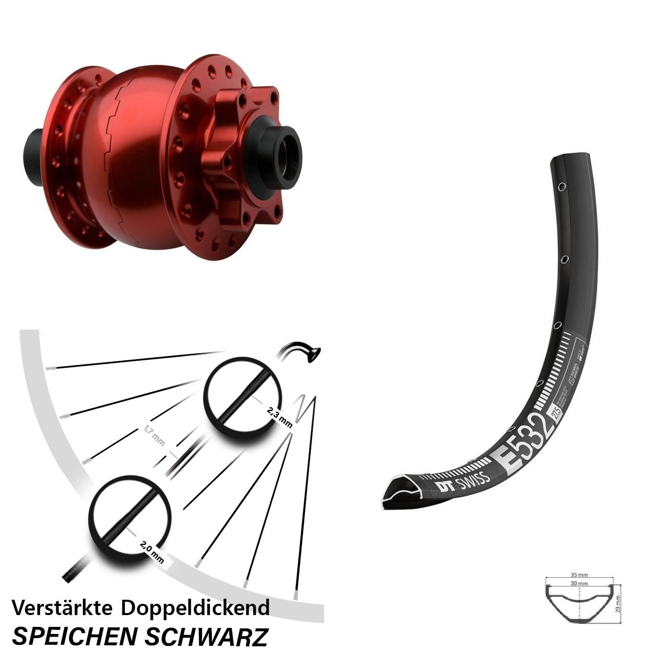 Vorderrad 29 Zoll DT Swiss E 532 SON 28 15x100 6-Loch rot eloxiert