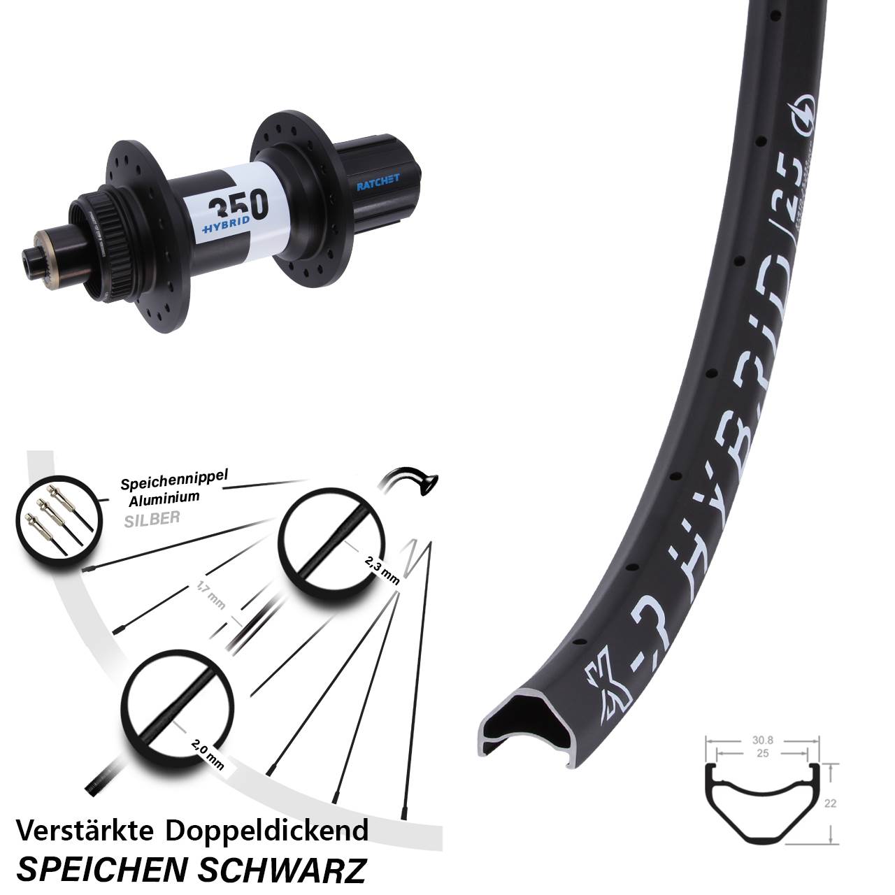 KX-R Hybrid 25 DT Swiss 350 26 Zoll Disc Hinterrad für Schnellspanner 8-11 fach