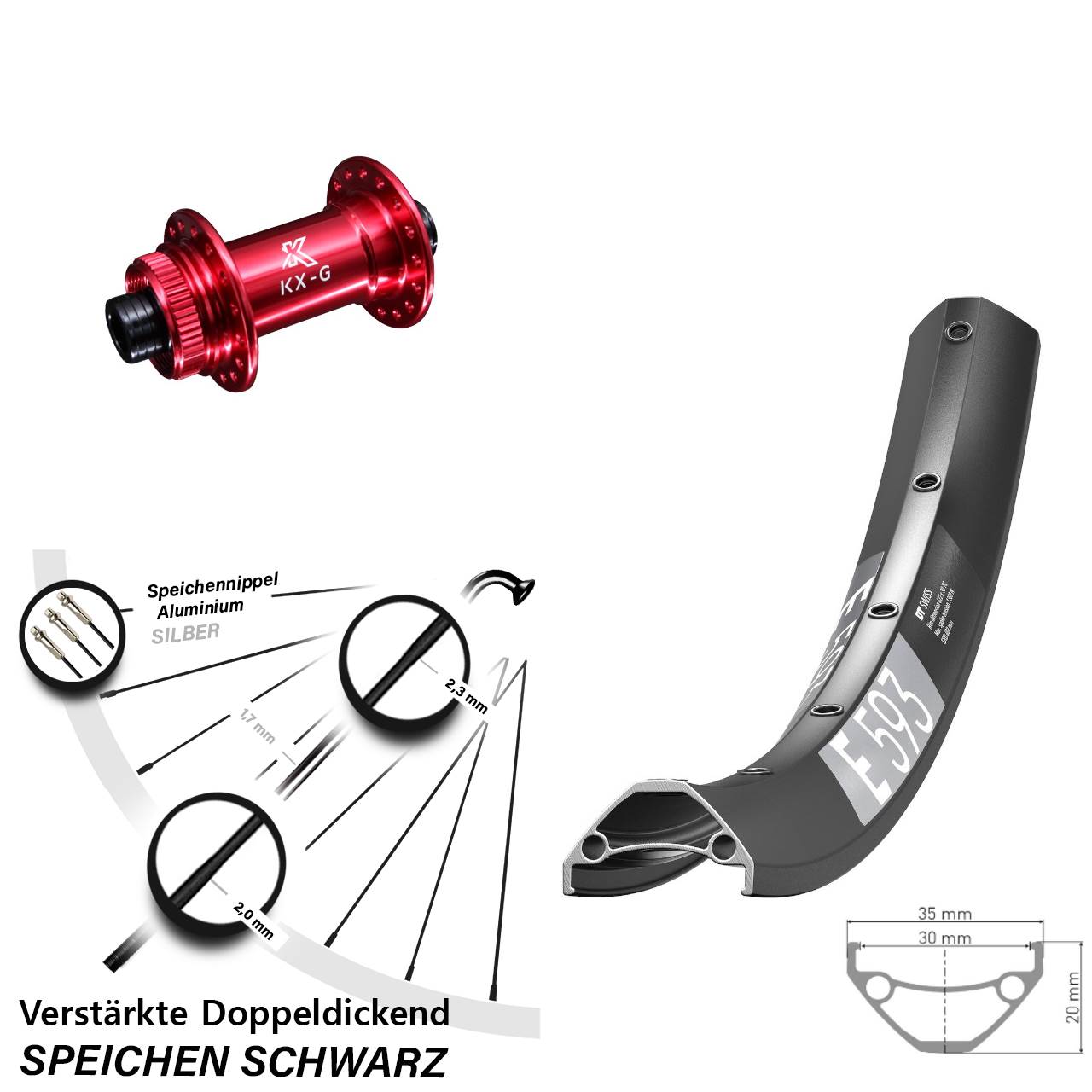 DT Swiss E 593 KX-G rot 29 Zoll Disc Vorderrad 15x100