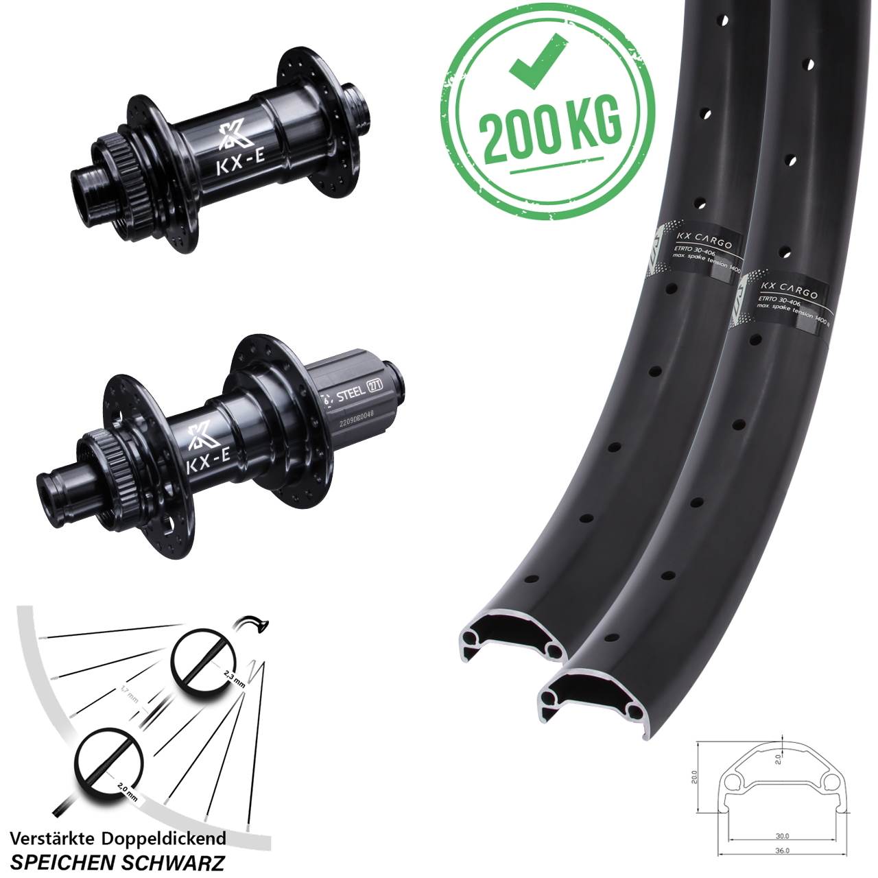 20 Zoll Laufradsatz Steckachse 15x100 12x142 mm KX Cargo Centerlock verstärkt Lastenrad