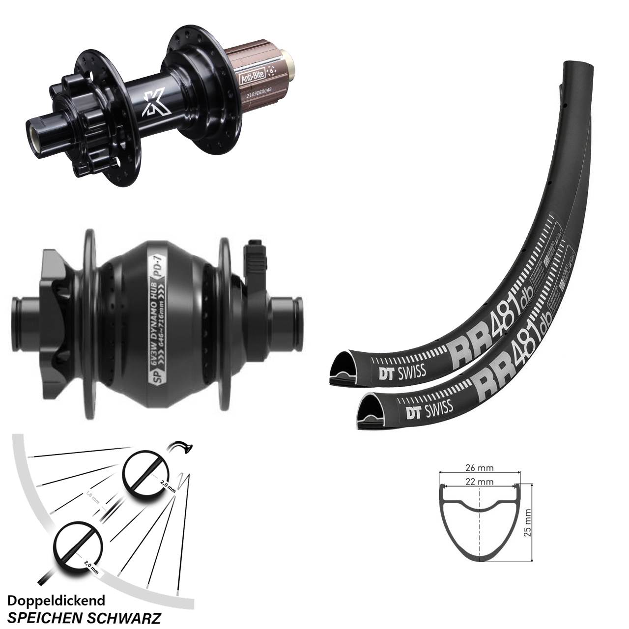 Laufradsatz 28 Zoll DT Swiss RR 481 KX-M Shimano Anti-Bite Shutter PD-7 8-12 fach HG