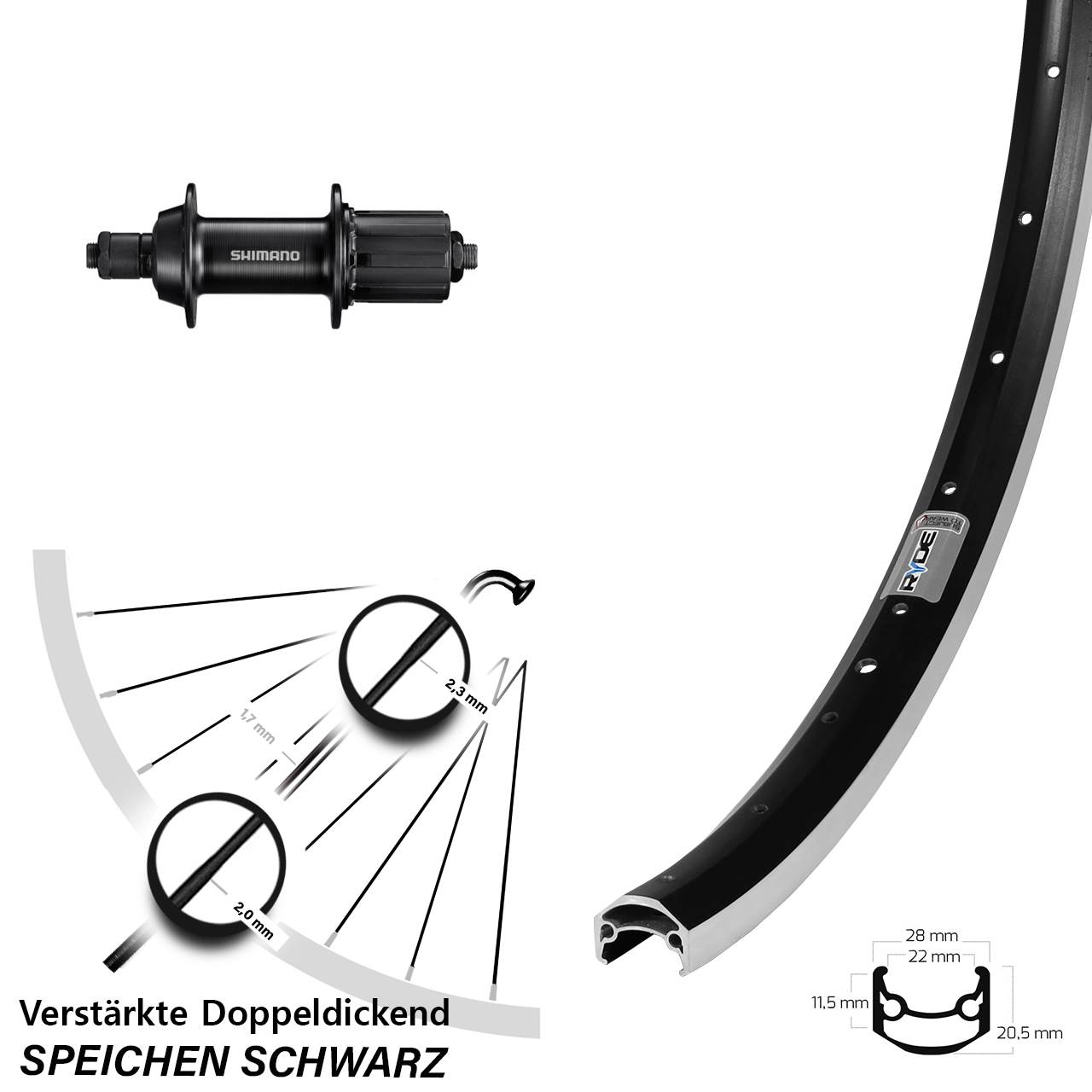650B Ryde Andra 35 Shimano FH-TY500 Hinterrad QR 7 fach