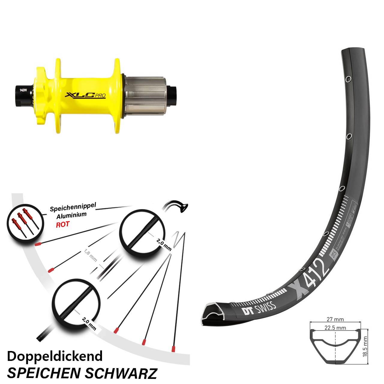 DT Swiss X 412 XLC gelb 28 Zoll Disc Hinterrad 12x142 8-11 fach