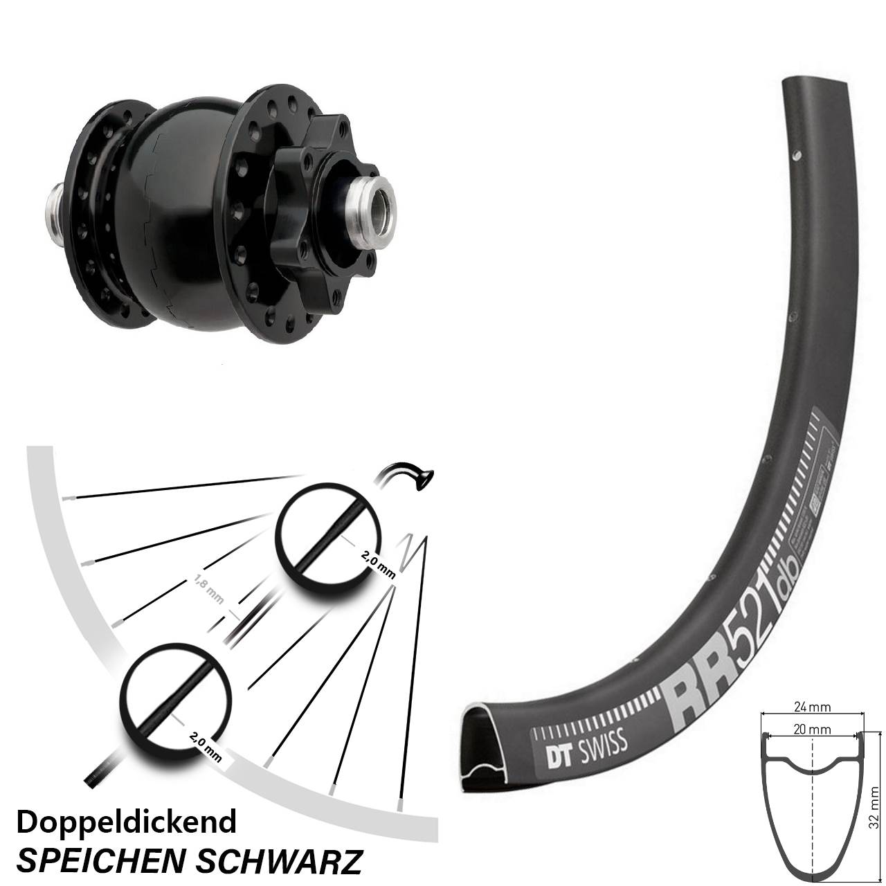 DT Swiss RR 521 SON 28 Zoll Dynamo-Vorderrad 6-Loch 12x100