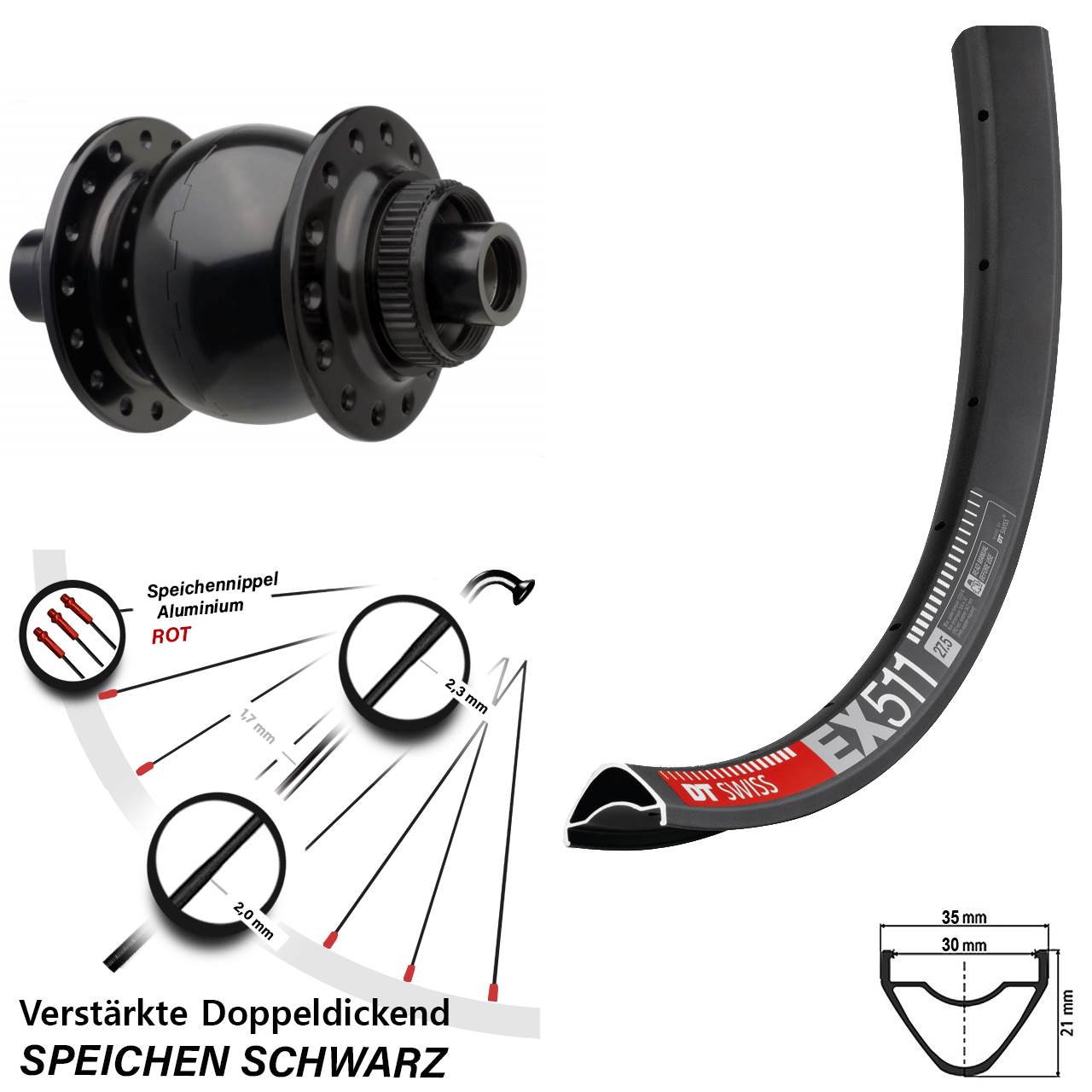 Vorderrad Dynamo DT Swiss EX 511 Disc SON 28-15 110 Boost schwarz