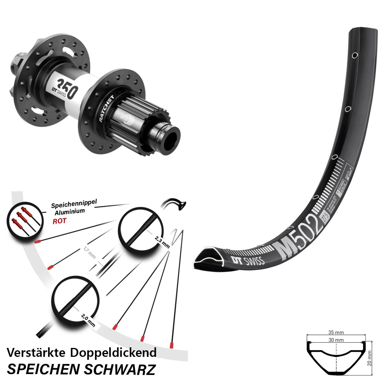 Hinterrad 29 Zoll DT Swiss M 502-350 Shimano Micro Spline 12x148 Boost 6-Loch
