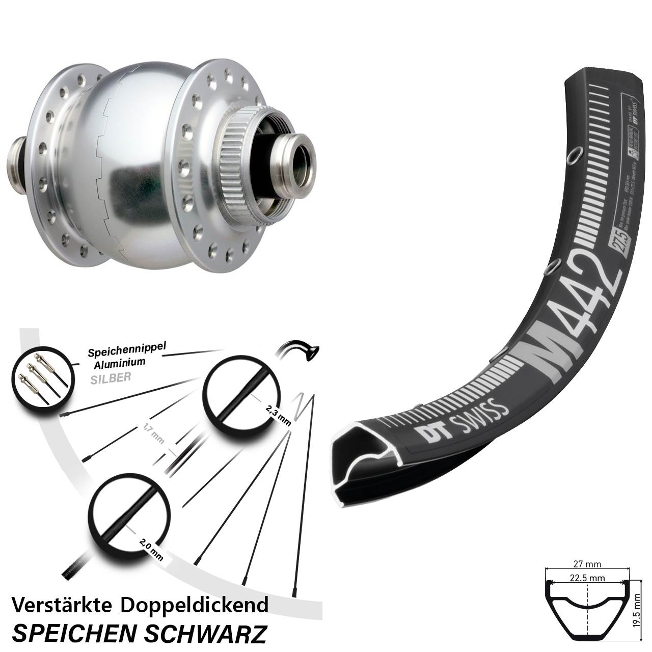 Nabendynamovorderrad Centerlock 12x100 28-29 Zoll DT Swiss M442 SON 28