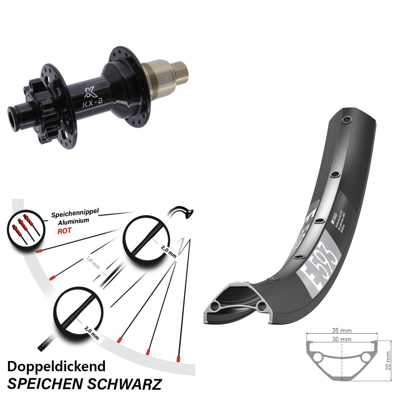 29 Zoll DT Swiss E 593 KX-B Hinterrad 6-Loch 12x148 XD