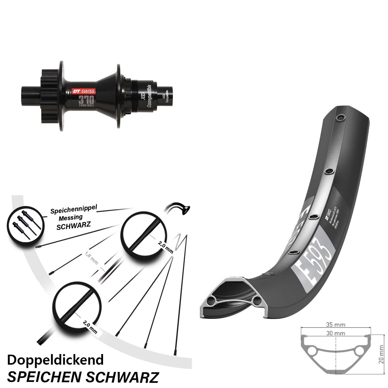 DT Swiss E 593-370 29 Zoll 6-Loch Hinterrad 12x142 XD