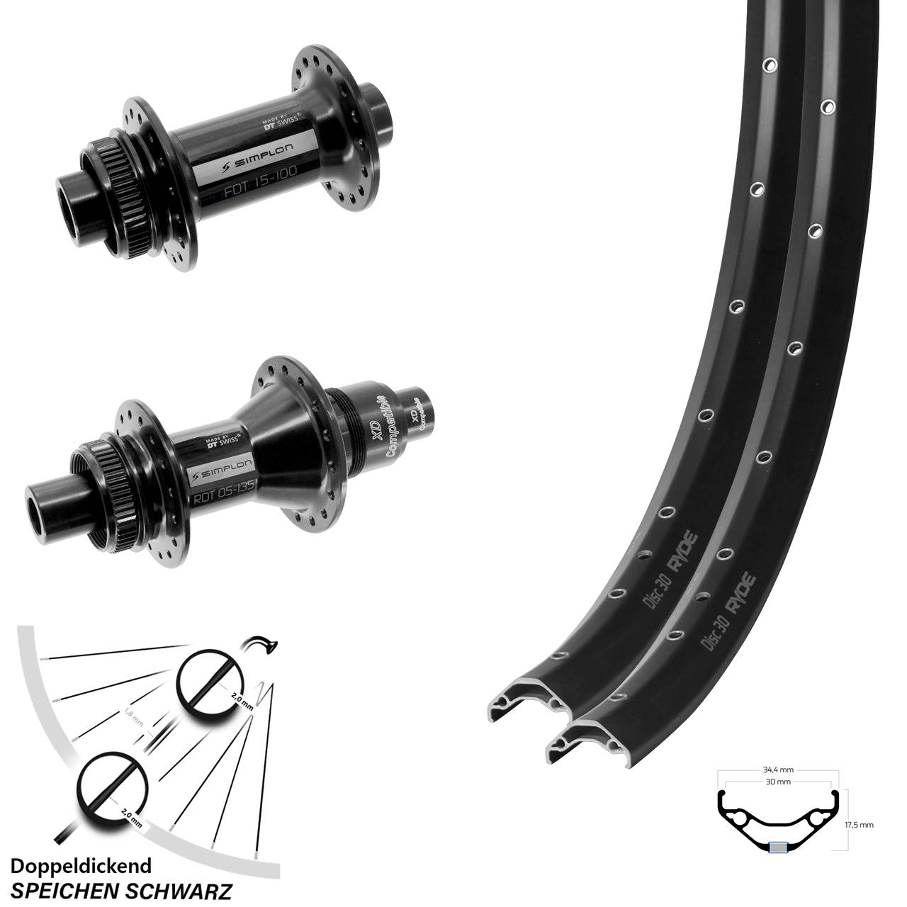 Centerlock Laufradsatz 27,5 Zoll Ryde Disc 30 DT Swiss 370 XD 15x100 12x142