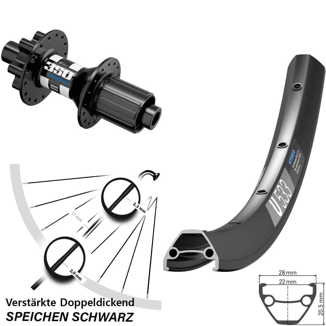 Hinterrad 6-Loch 12x148 27,5 Zoll DT Swiss U 533-350 Hybrid 8-11 fach HG