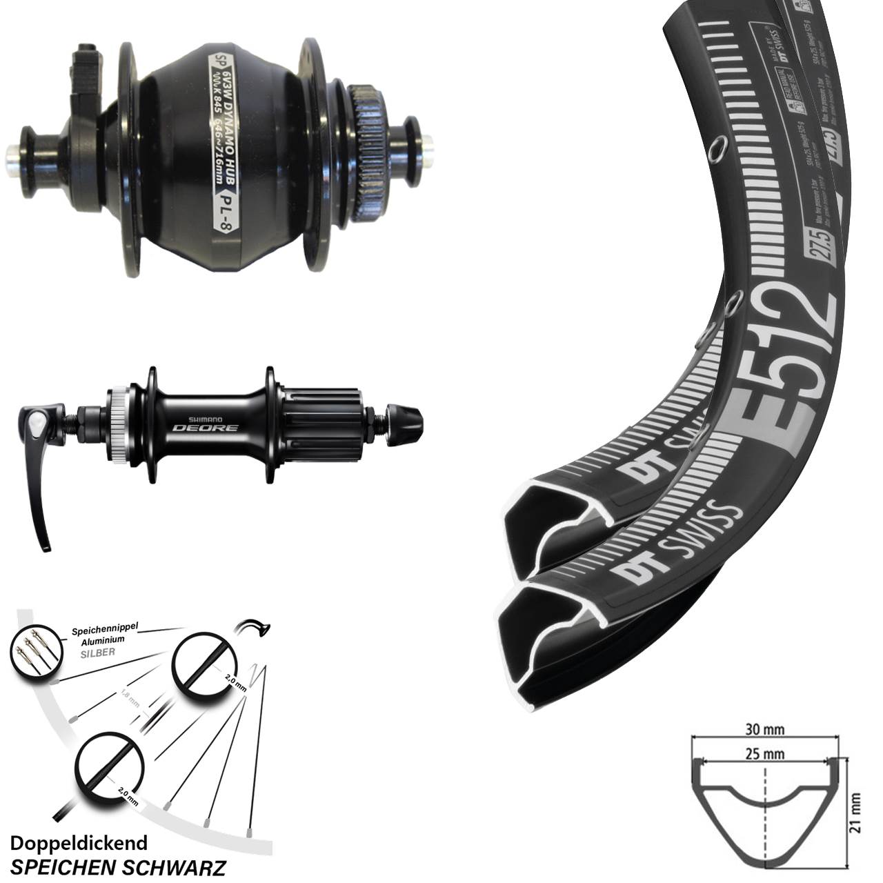 Centerlock 29 Zoll Laufradsatz QR DT Swiss E512 Shutter PL-8 Shimano Deore 8-11 fach