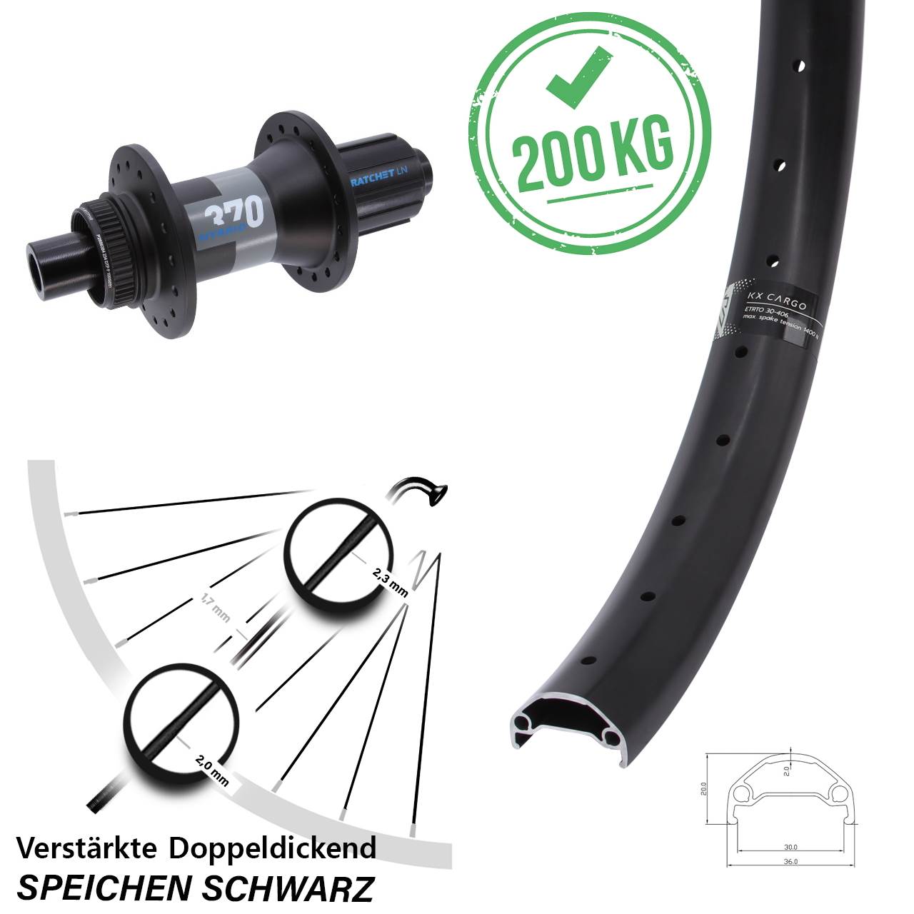 Centerlock Hinterrad 20 Zoll KX Cargo DT Swiss 370 Hybrid 8-11 fach HG 12x148 Boost