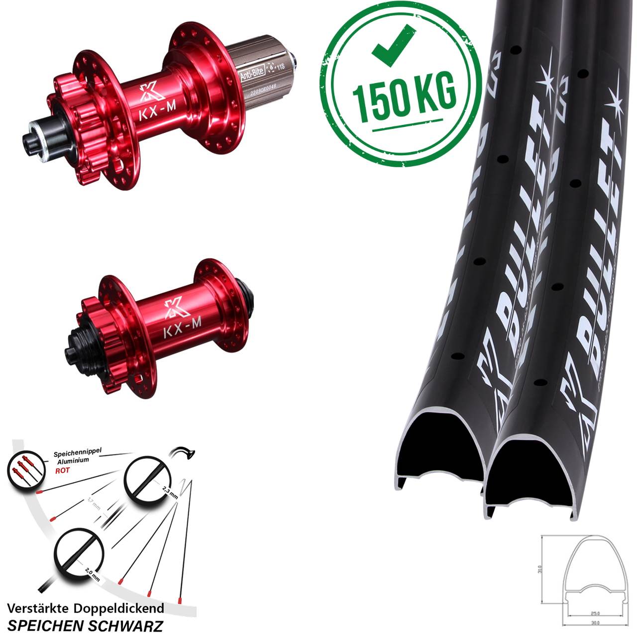 KX-M Bullet rot 28-29 Zoll Disc Laufrad-Satz für Schnellspanner 8-12 fach HG