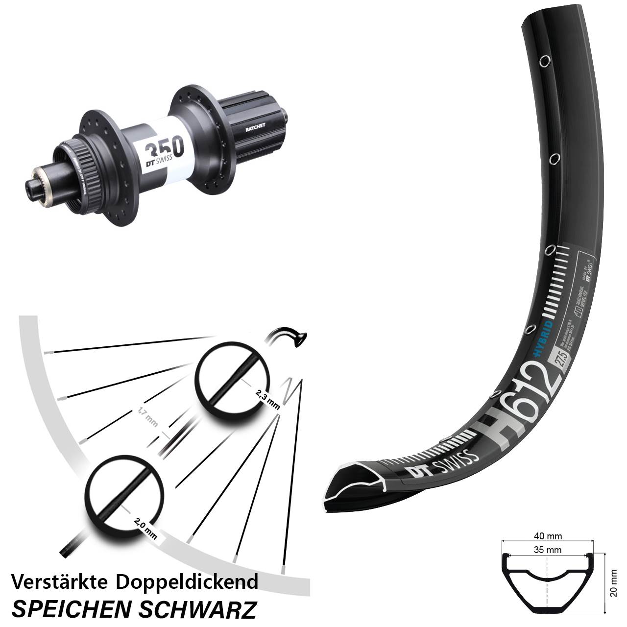 27,5 Zoll DT Swiss H612 350 Boost Centerlock Hinterrad QR 8-11 fach HG