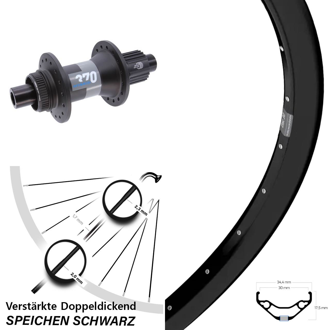 Hinterrad 29 Zoll Ryde Disc 30 DT Swiss 370 Hybrid Shimano Micro Spline 12x148