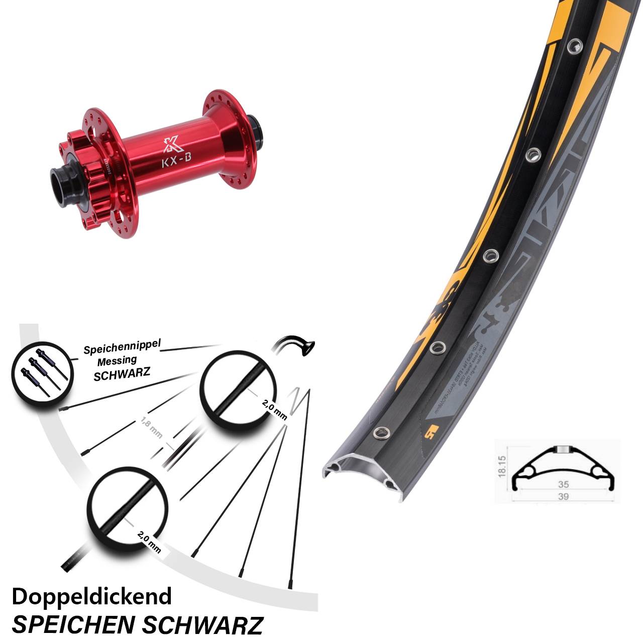 Vorderrad 6-Loch 27,5 Zoll Rodi TRYP 35 KX-B rot 15x110 Boost
