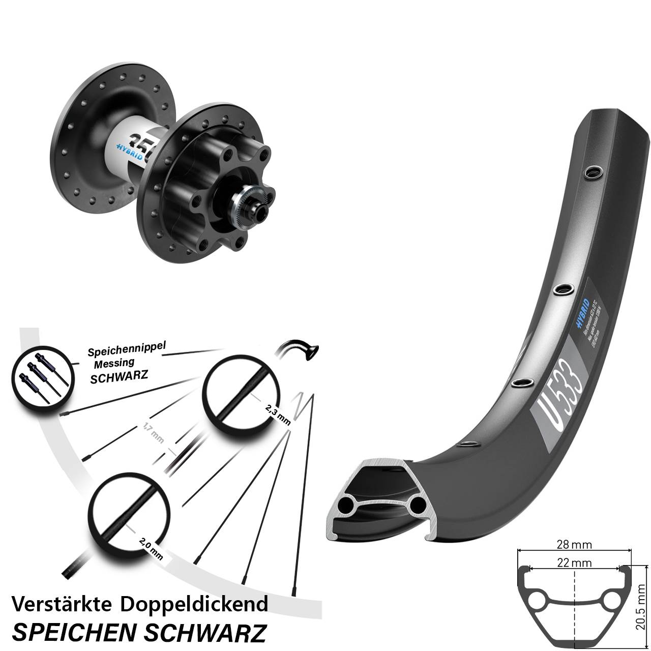 6-Loch Vorderrad 650B DT Swiss U533-350 Hybrid QR