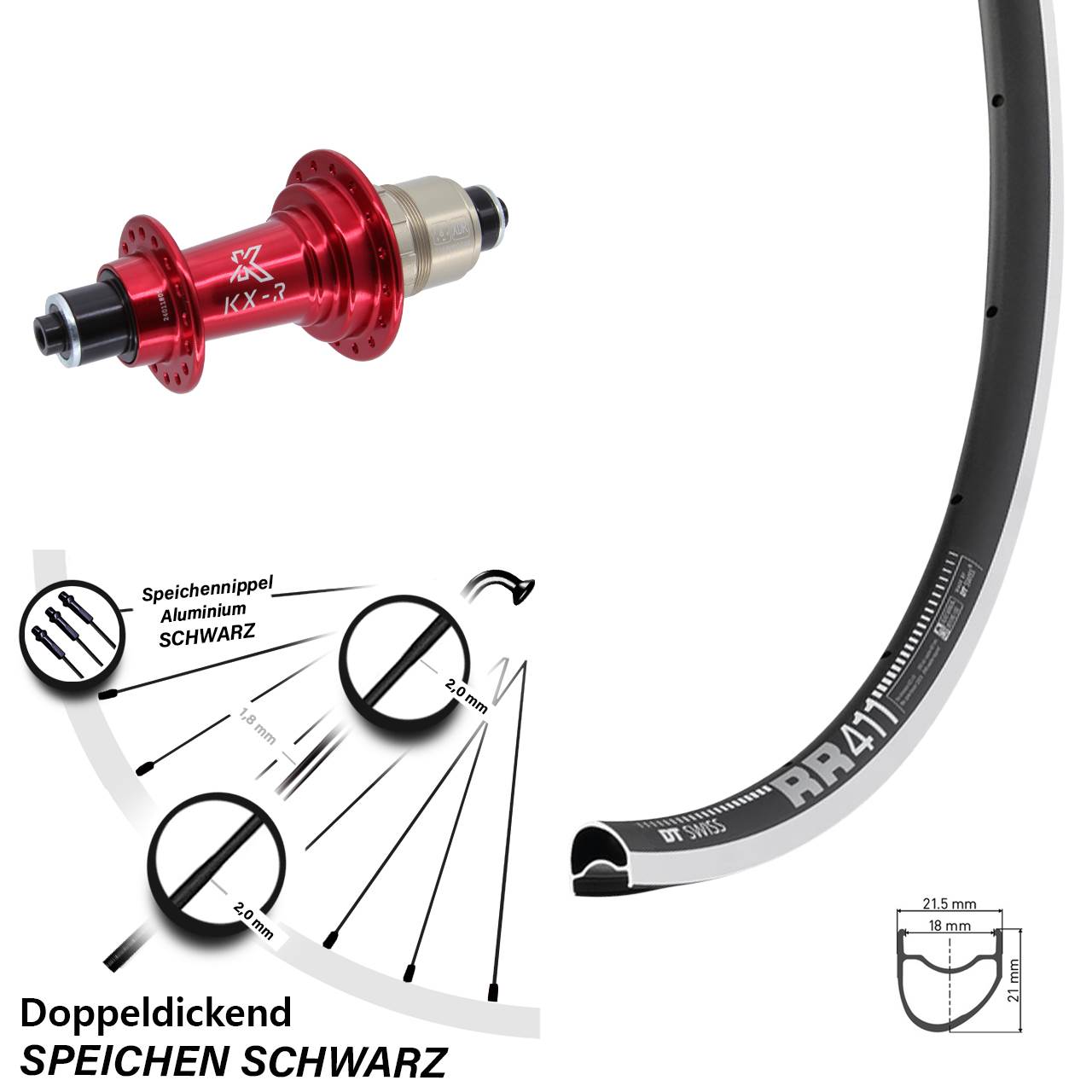 Laufrad hinten QR 28 Zoll DT Swiss RR411 OS KX-R rot XDR