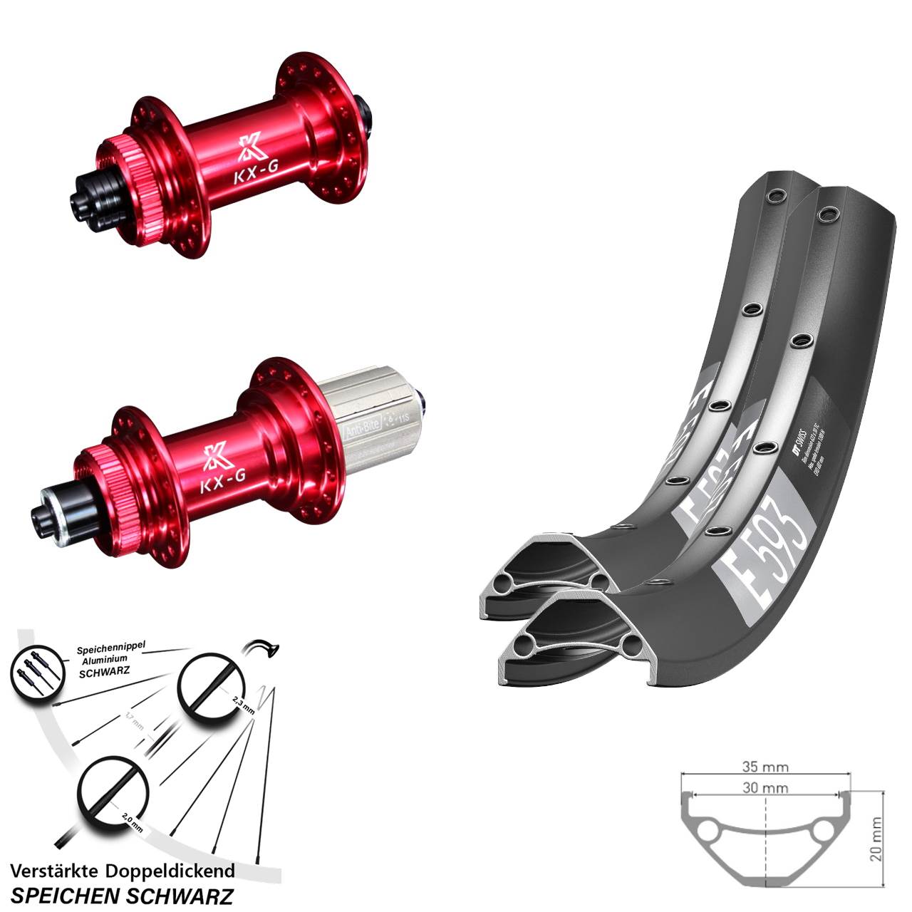 Disc Laufrad-Satz 29 Zoll DT Swiss E 593 KX-G rot 8-12 fach HG QR