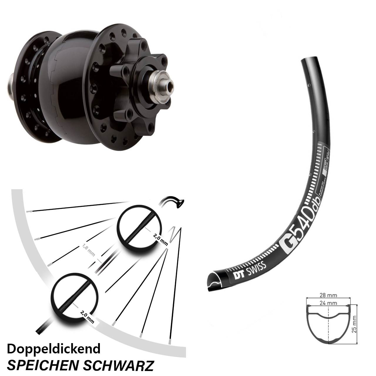 Vorderrad Gravel DT Swiss G 540 Nabendynamo SON 28 Disc Schnellspanner