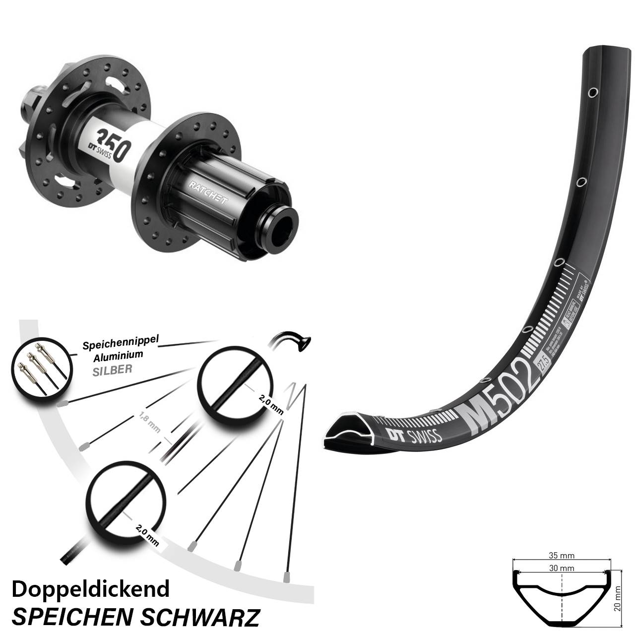 DT Swiss M 502 27,5 Zoll Hinterrad 350 6-Loch 8-11 fach 12x148