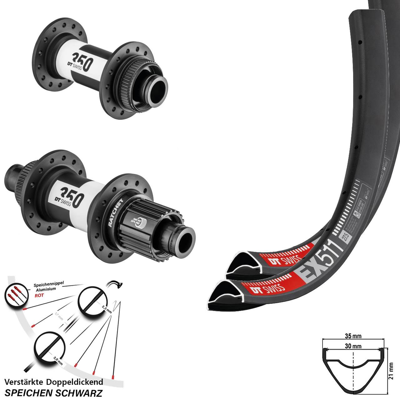Centerlock Laufradsatz 27,5 Zoll DT Swiss EX511 350 Shimano Micro Spline 15x100 12x142