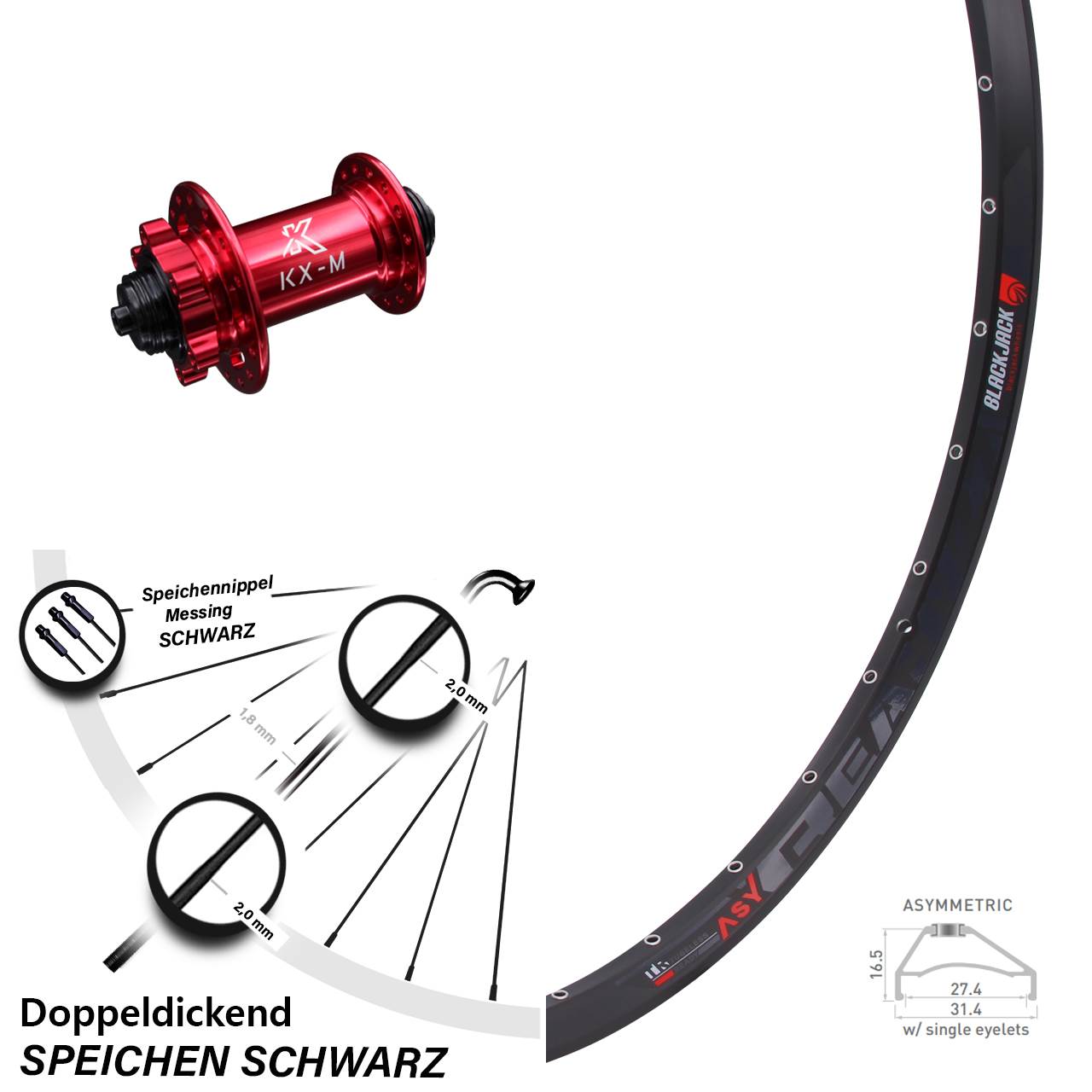 Rodi Ready 27-584 ETRTO Vorderrad 27,5 Zoll KX-M 5x100 mm 6-loch Disc rot eloxiert