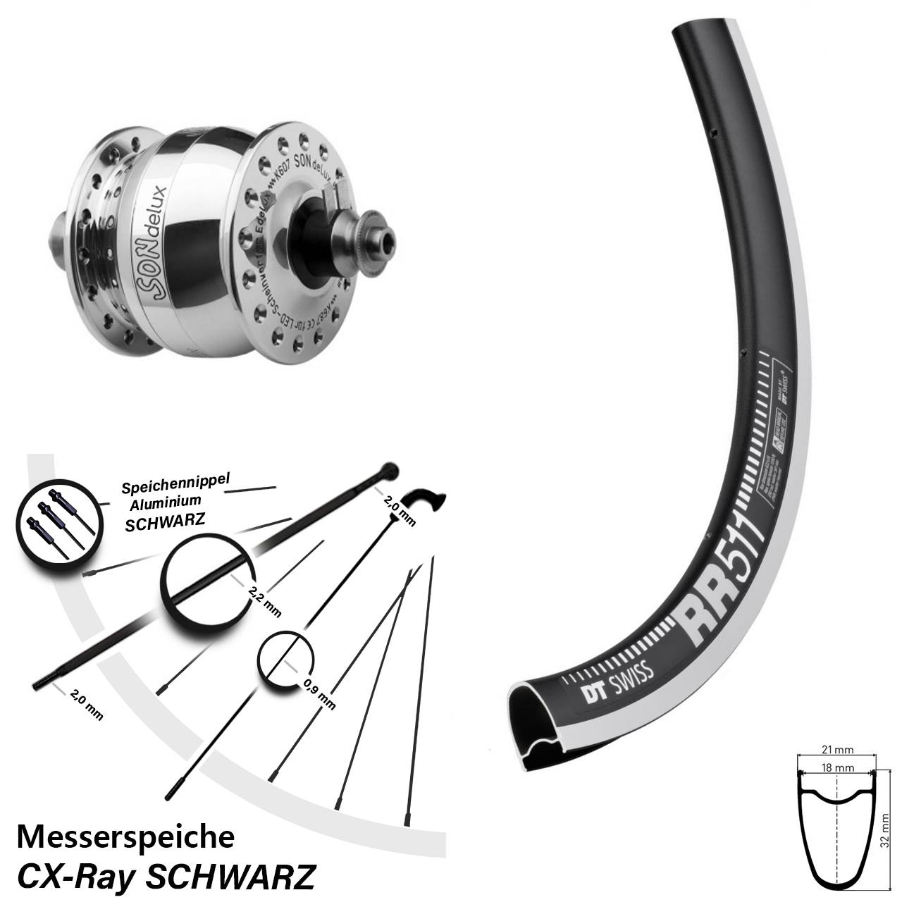 Vorderrad Dynamo SONdelux silbern poliert DT Swiss RR 511 QR 24x CX-Ray Messerspeiche