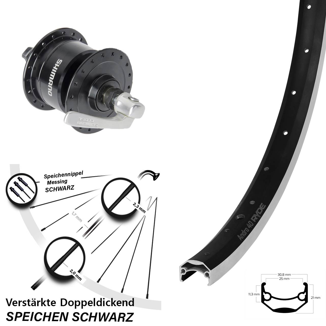 Nabendynamolaufrad 28 Zoll Ryde Andra 40 Shimano DH-3N72 QR