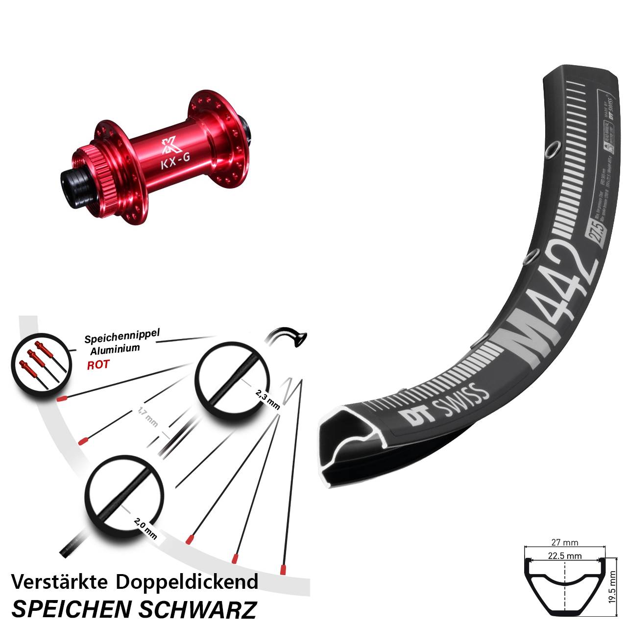Centerlock Vorderrad 28 Zoll DT Swiss M442 KX-G rot 12x100