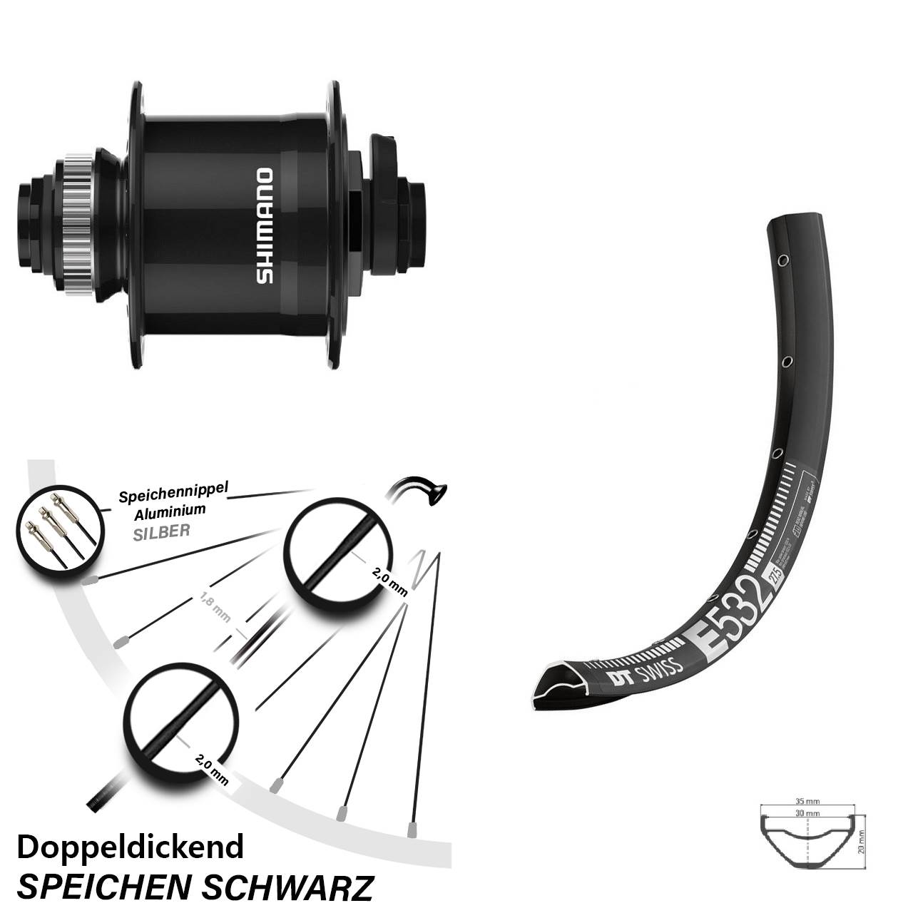 DT Swiss E 532 Shimano DH-UR708 29 Zoll Disc Laufrad mit Nabendynamo 15x100