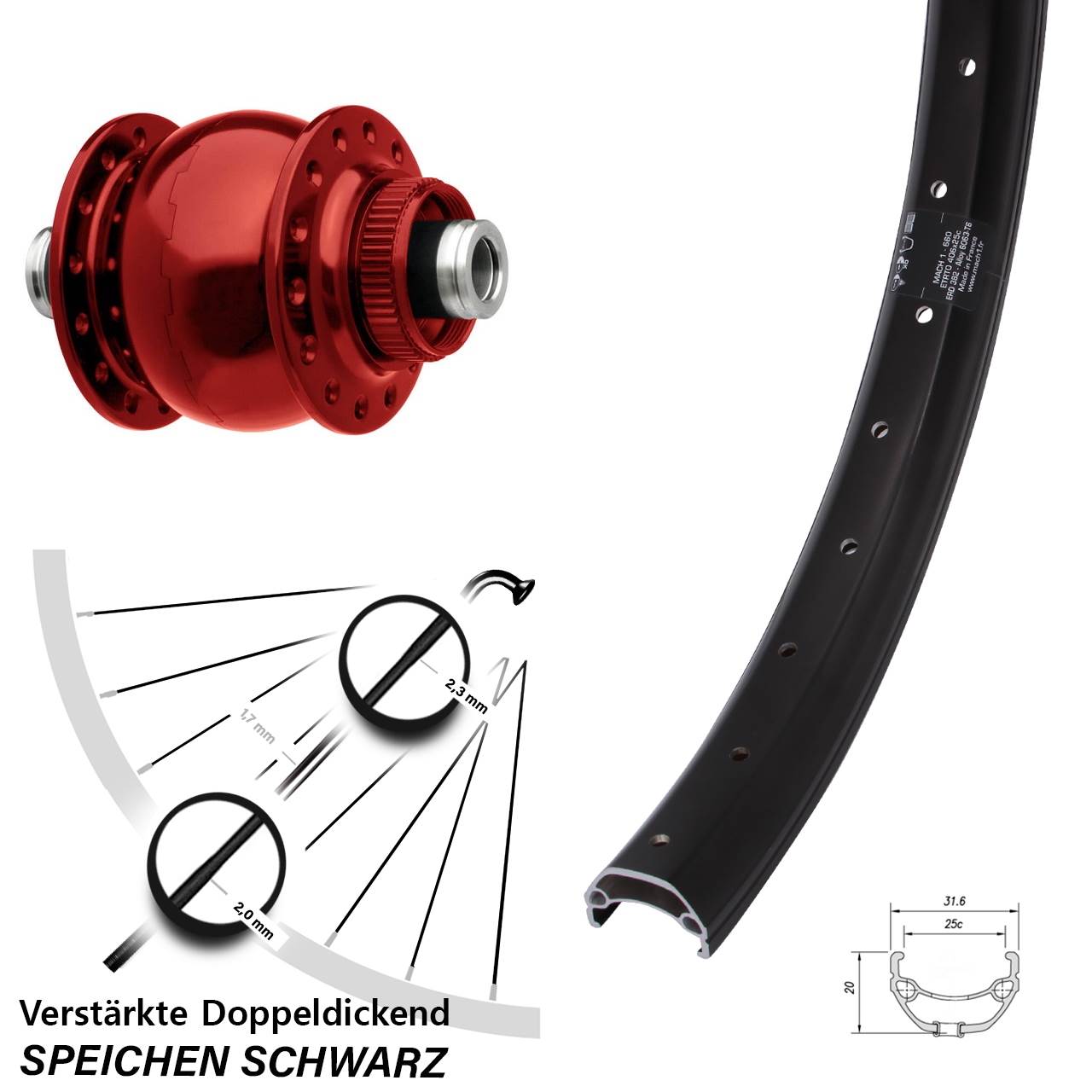 Nabendynamovorderrad Centerlock 12x100 20 Zoll Mach1 Kargo SON 28 rot