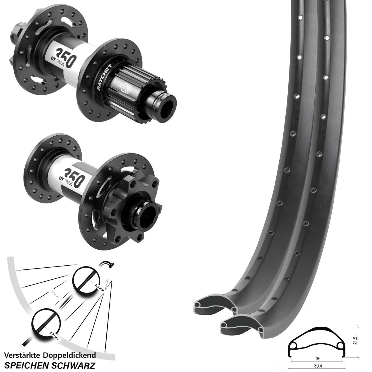 27,5 Zoll Ambrosio E35 DT Swiss 350 Disc Laufrad-Satz 15x110 12x148 Micro Spline