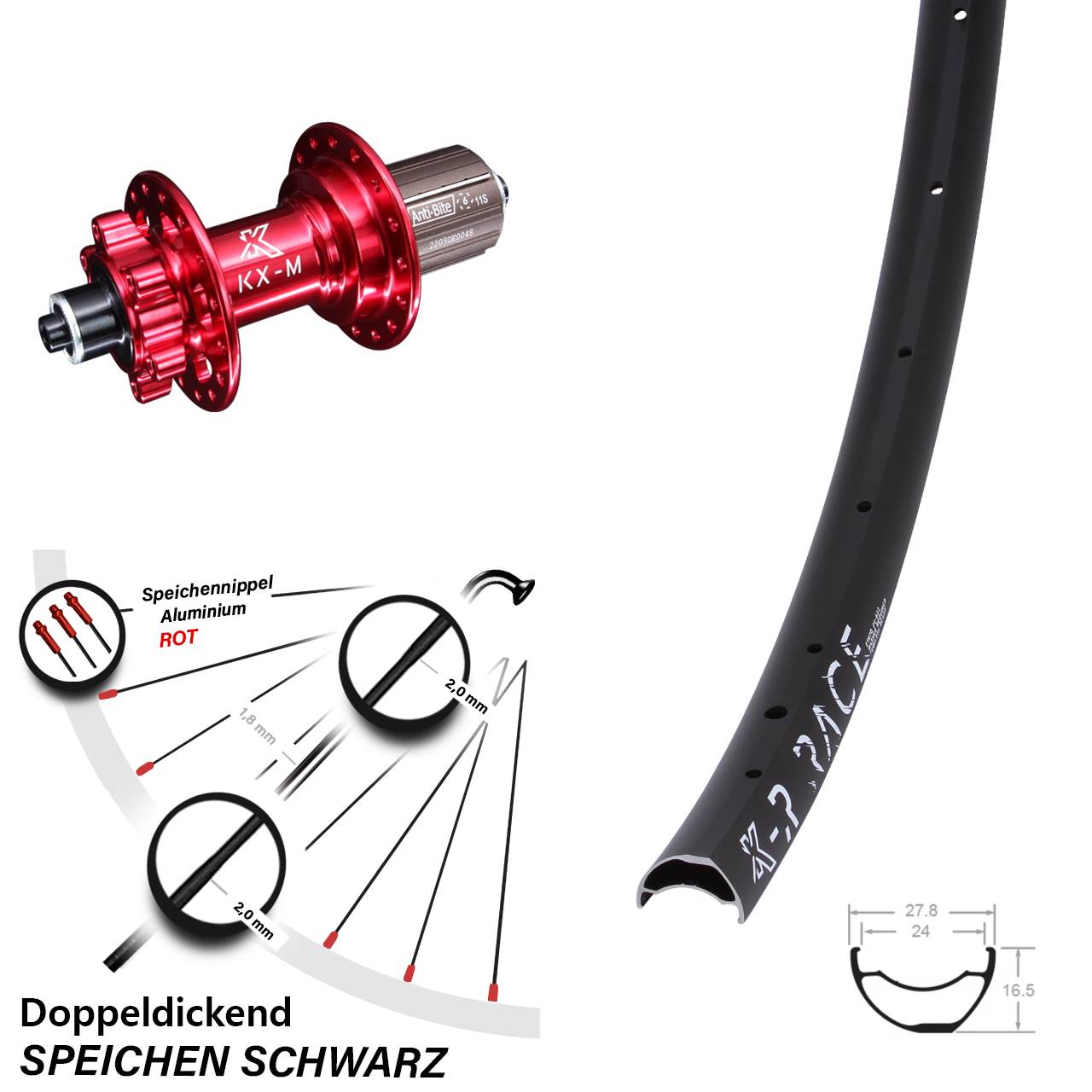 29 Zoll Hinterrad KX-MR Race 24-622 ETRTO Nabe rot-eloxiert 5x135 mm 11-fach MTB