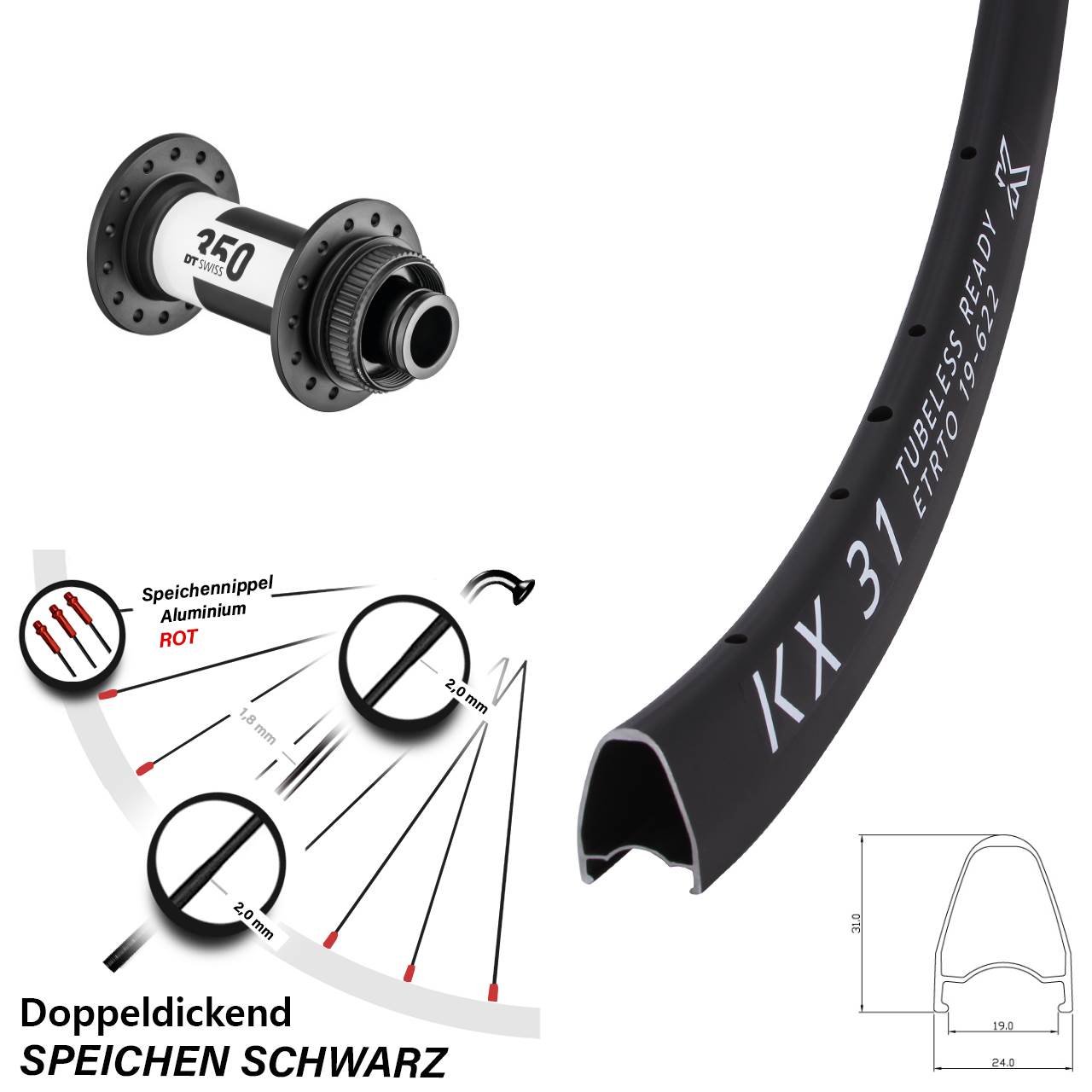 28 Zoll KX 31 DT Swiss 350 Vorderrad Centerlock 15x100