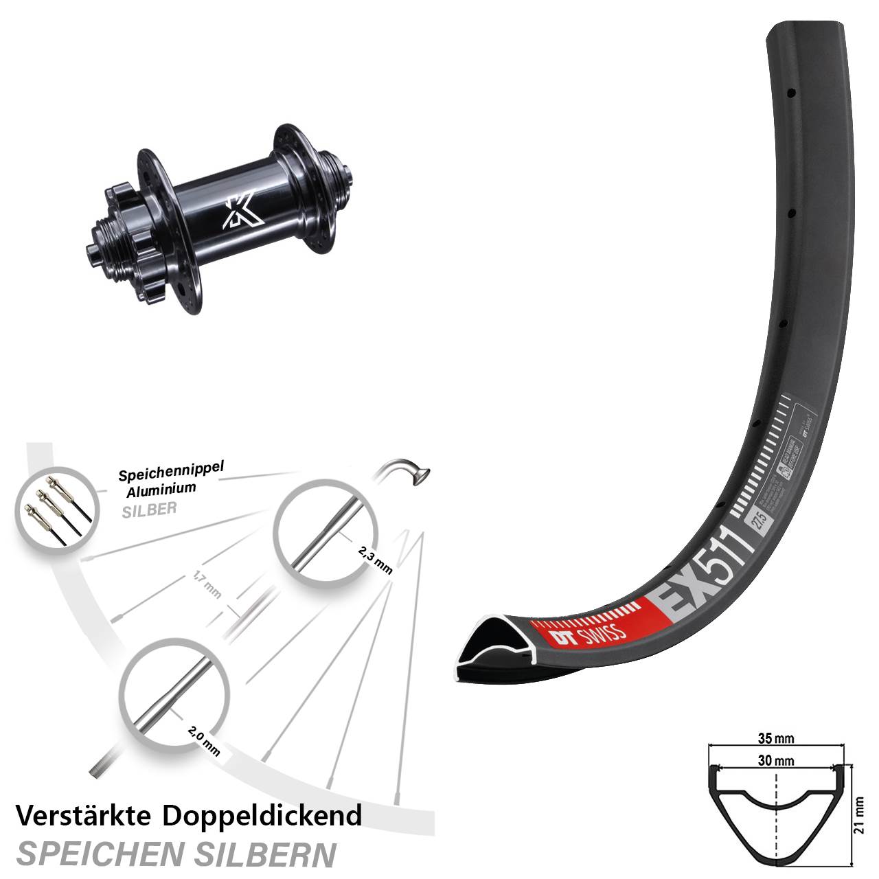 29 Zoll DT Swiss EX 511 KX-M 6-Loch Vorderrad für Schnellspanner