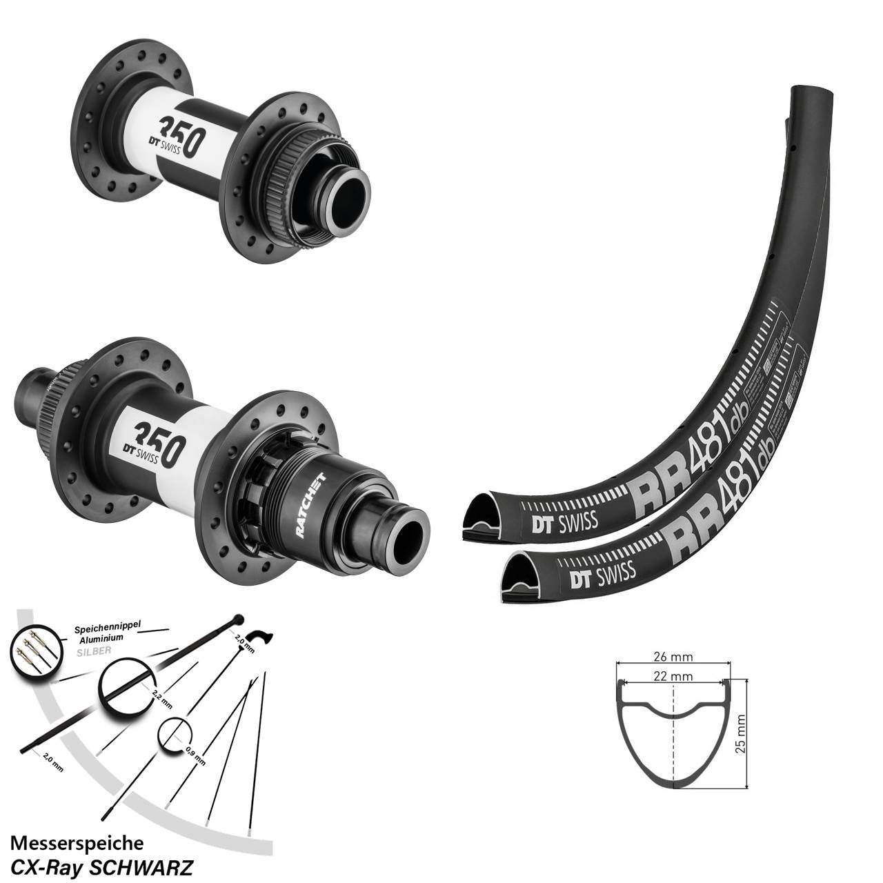 28 Zoll DT Swiss RR 481-350 Disc Laufrad-Satz 15x100 12x142 XDR 11-12 fach CX-Ray