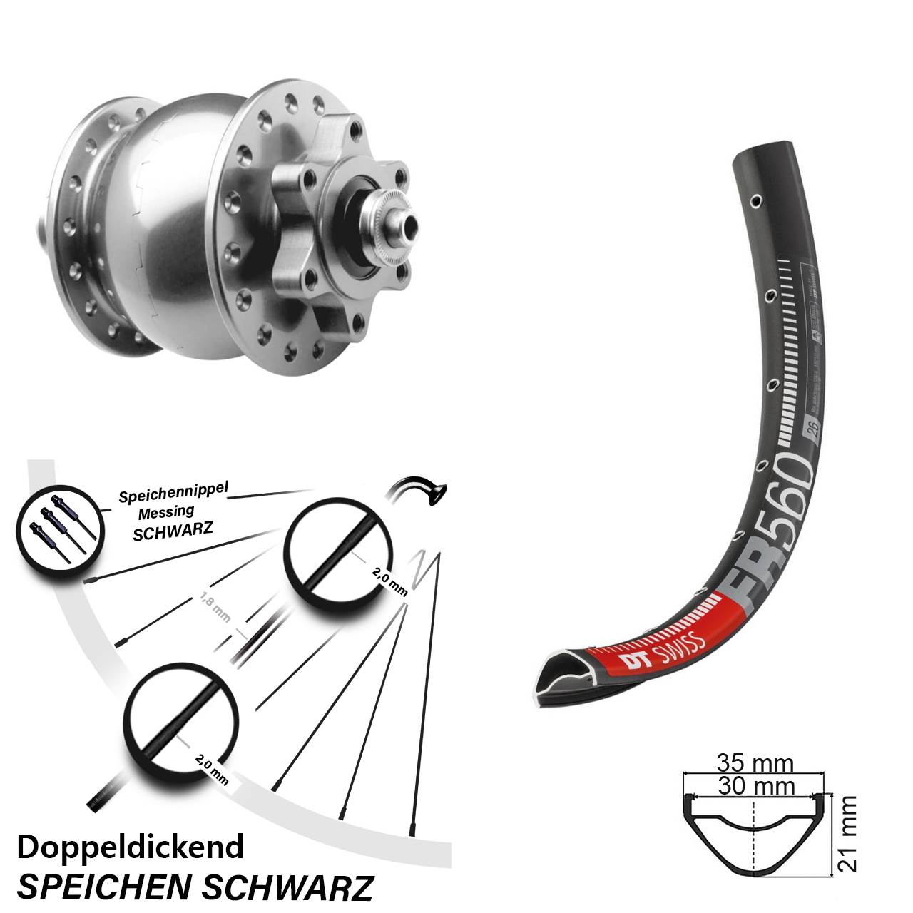6-Loch Dynamo-Vorderrad 26 Zoll DT Swiss FR 560 SON 28 silbern für Schnellspanner