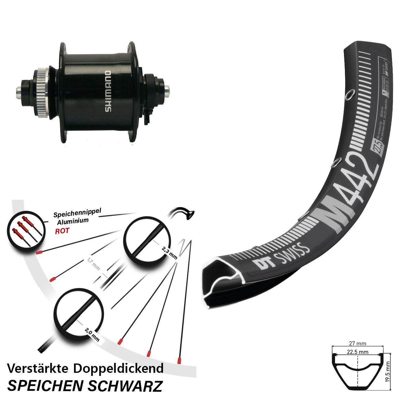 Nabendynamo-Vorderrad Centerlock 29 Zoll DT Swiss M442 Shimano DH-UR700 QR
