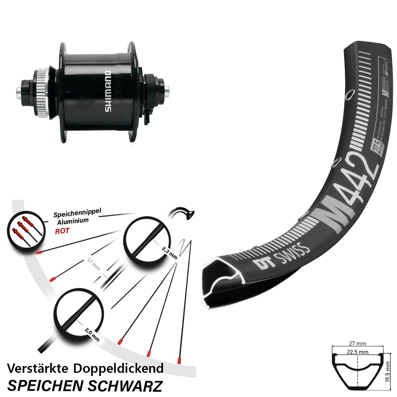 Nabendynamo-Vorderrad Centerlock 29 Zoll DT Swiss M442 Shimano DH-UR700 QR