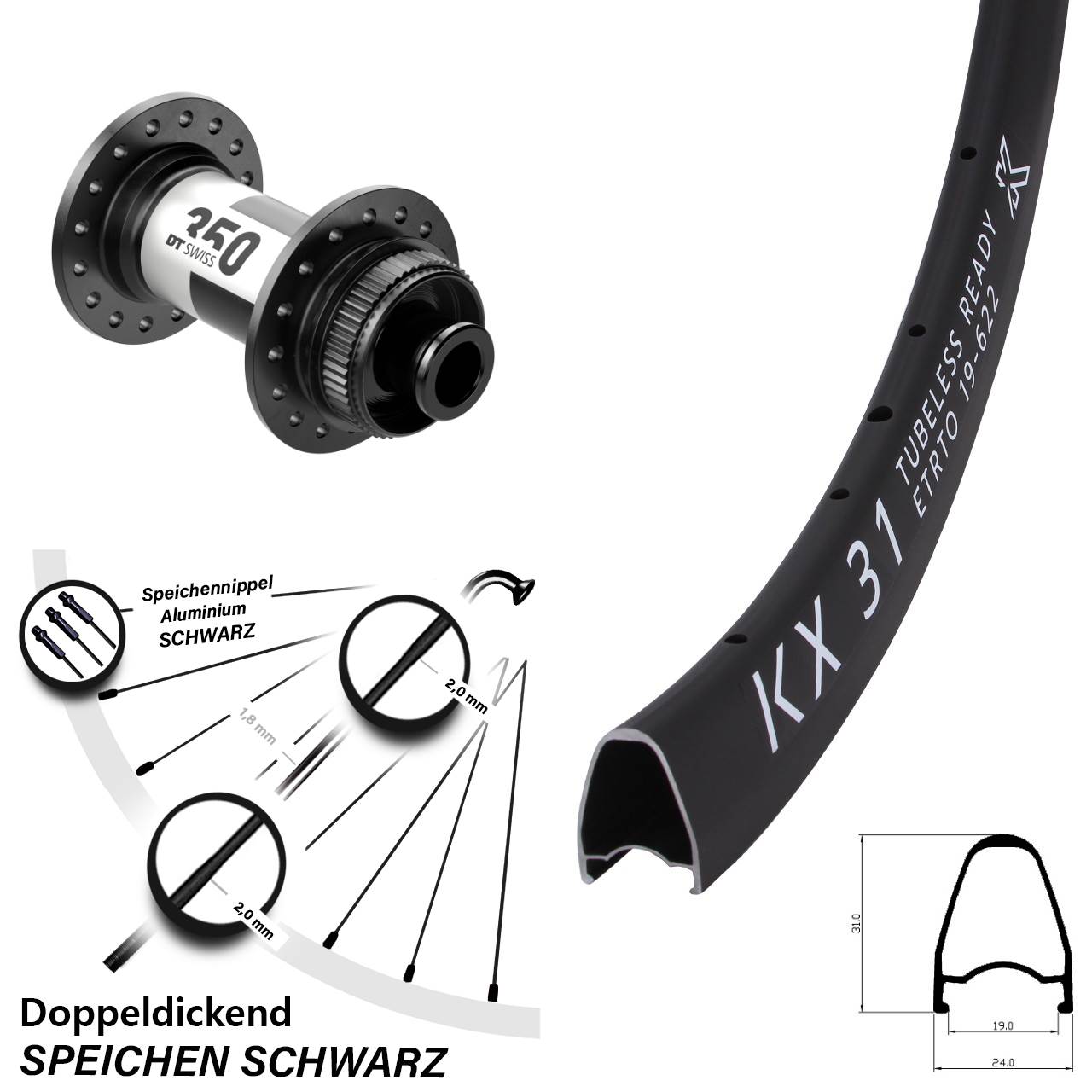 Laufrad 28 Zoll KX 31 Disc DT Swiss 350 12x100 Centerlock