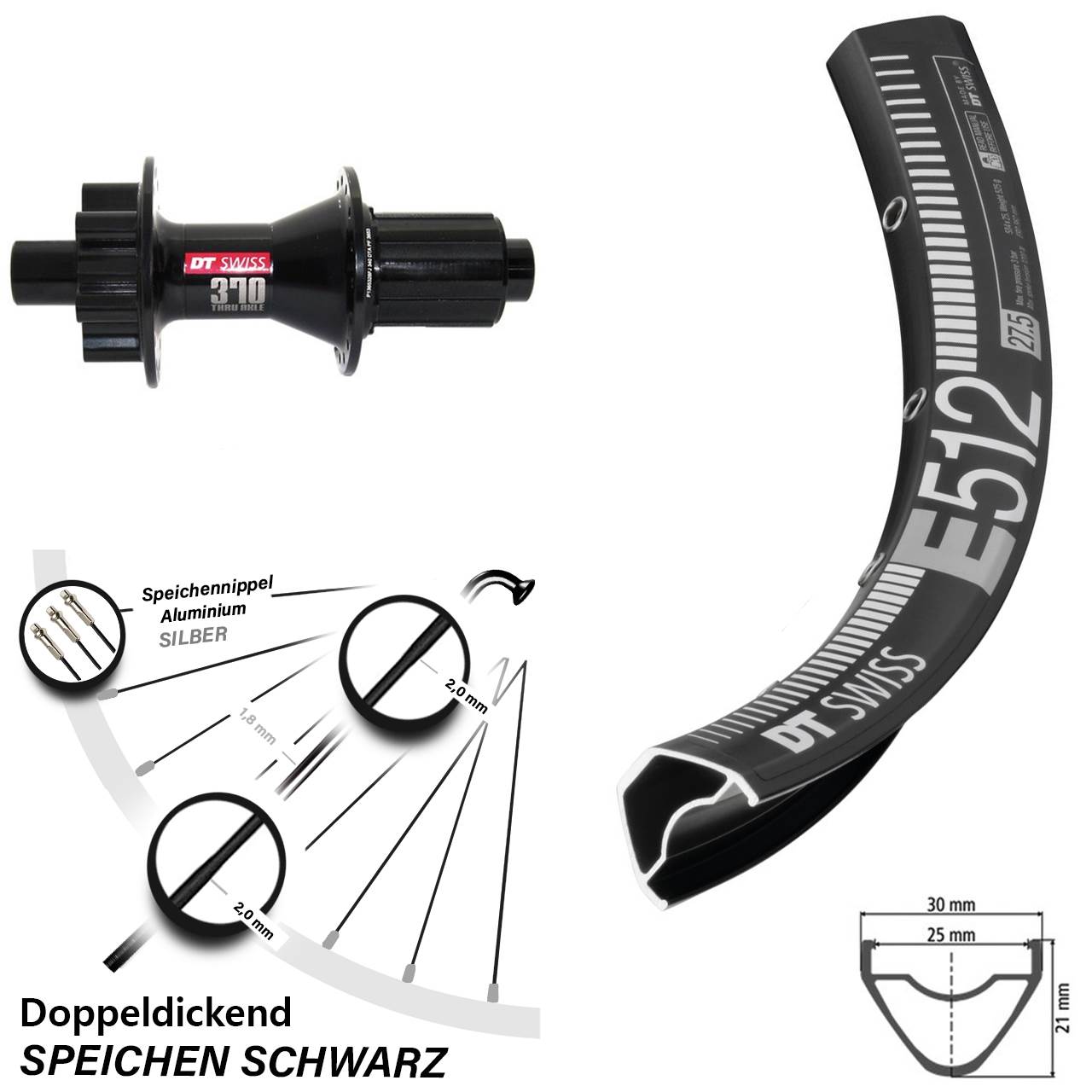 6-Loch Hinterrad 27,5 Zoll DT Swiss E512-370 8-11 fach 12x142