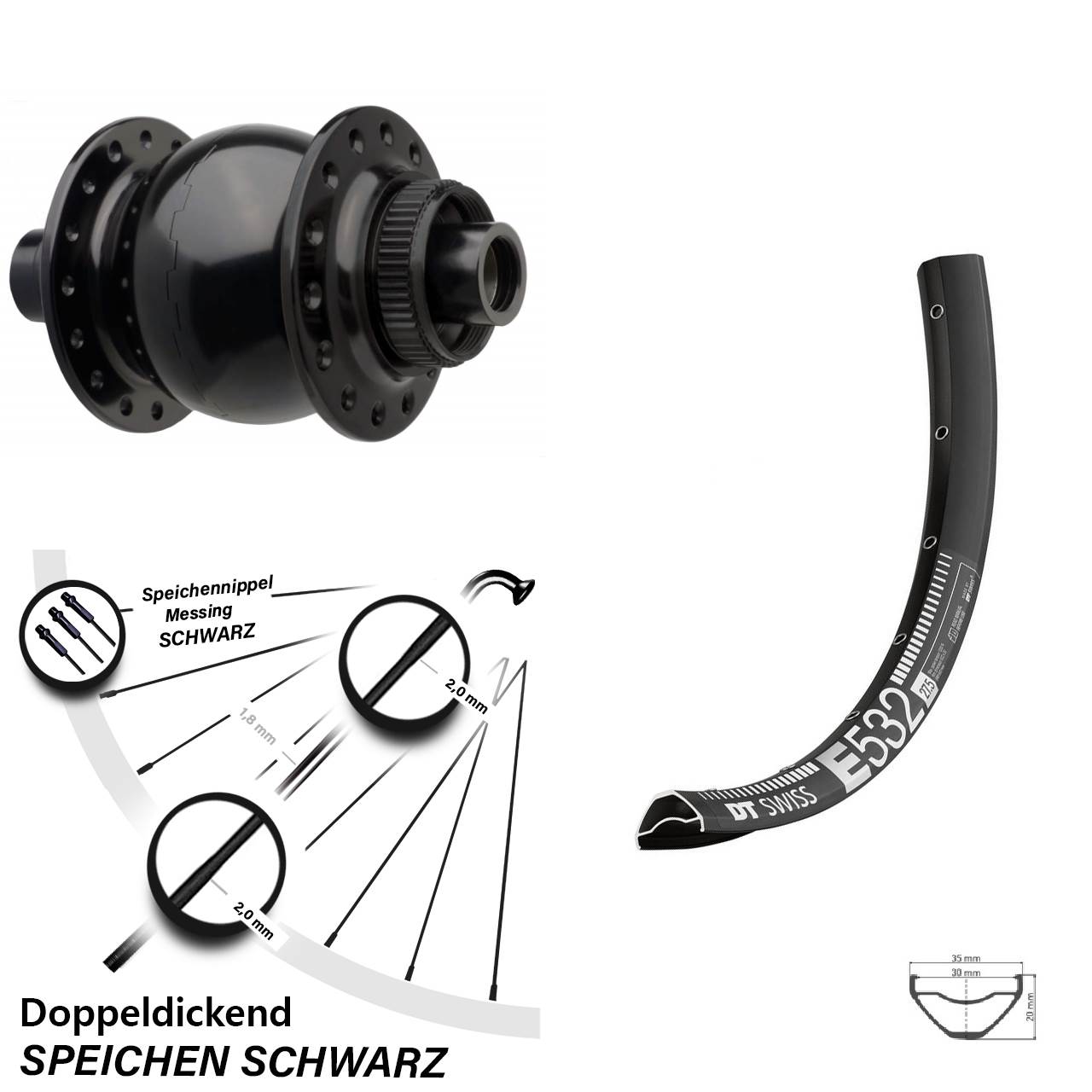 Vorderrad 27,5 Zoll DT Swiss E 532 schwarz SON 28-15 Boost Centerlock 15x110 mm