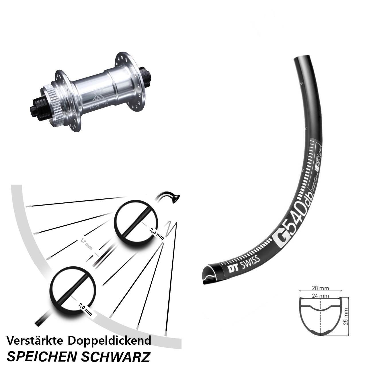 DT Swiss G 540 DB Vorderrad verstärkt KX-E Vorderradnabe 5x100 Sapim E-Light