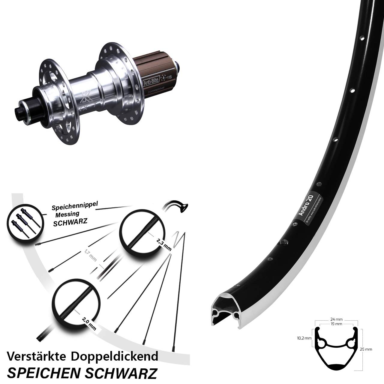 28 Zoll Ryde Andra 20 KX-T Hinterrad für Schnellspanner 8-12 fach HG