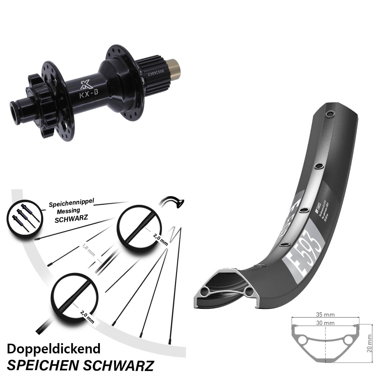 Hinterrad 27,5 Zoll DT Swiss E593 KX-B 6-Loch Micro Spline 12x148