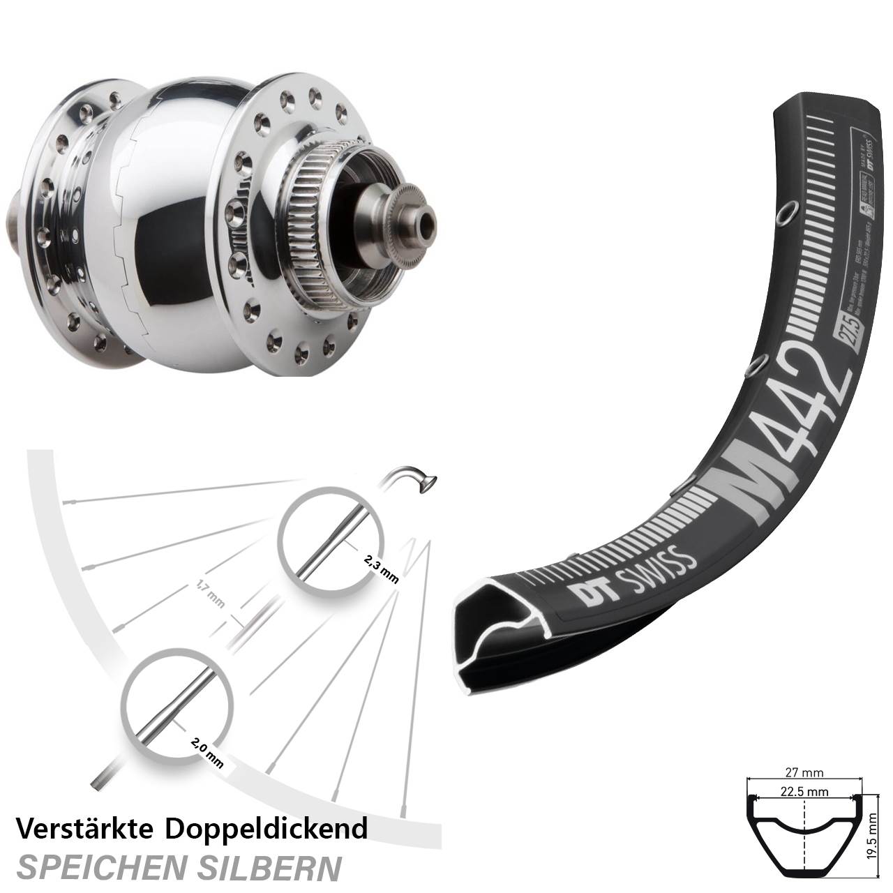 Disc Nabendynamo-Laufrad DT Swiss M 442 SON 28 Zoll QR