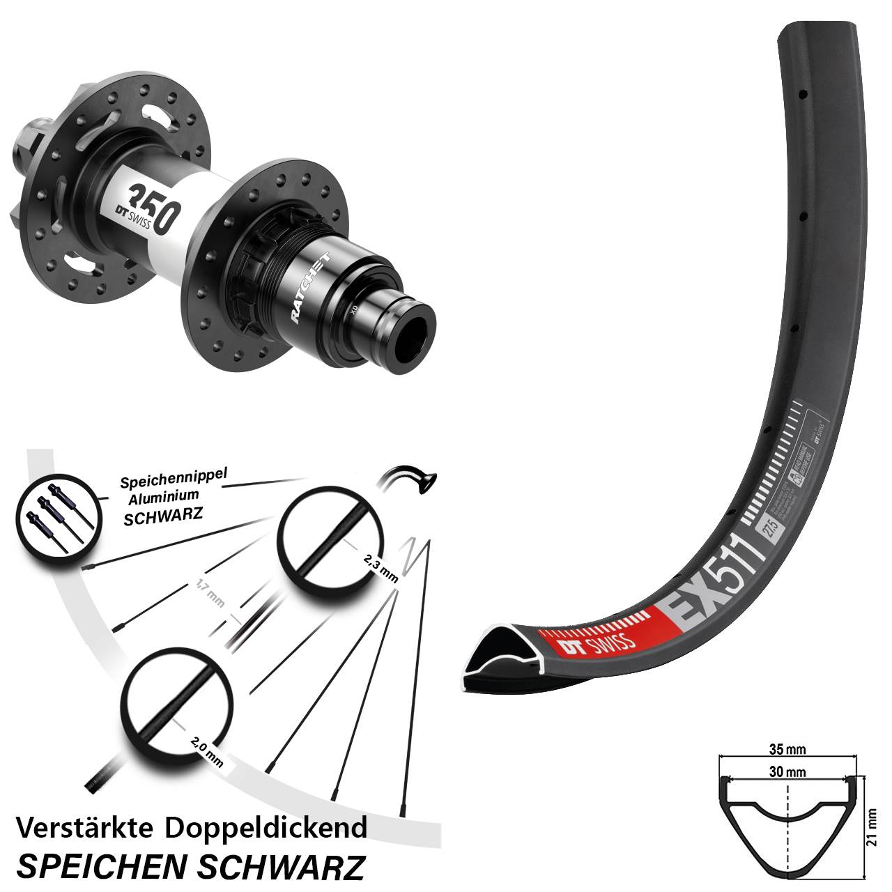 Hinterrad 29 Zoll DT Swiss EX 511-350 Ratchet 36 Sram XD 12x142 11-12 fach