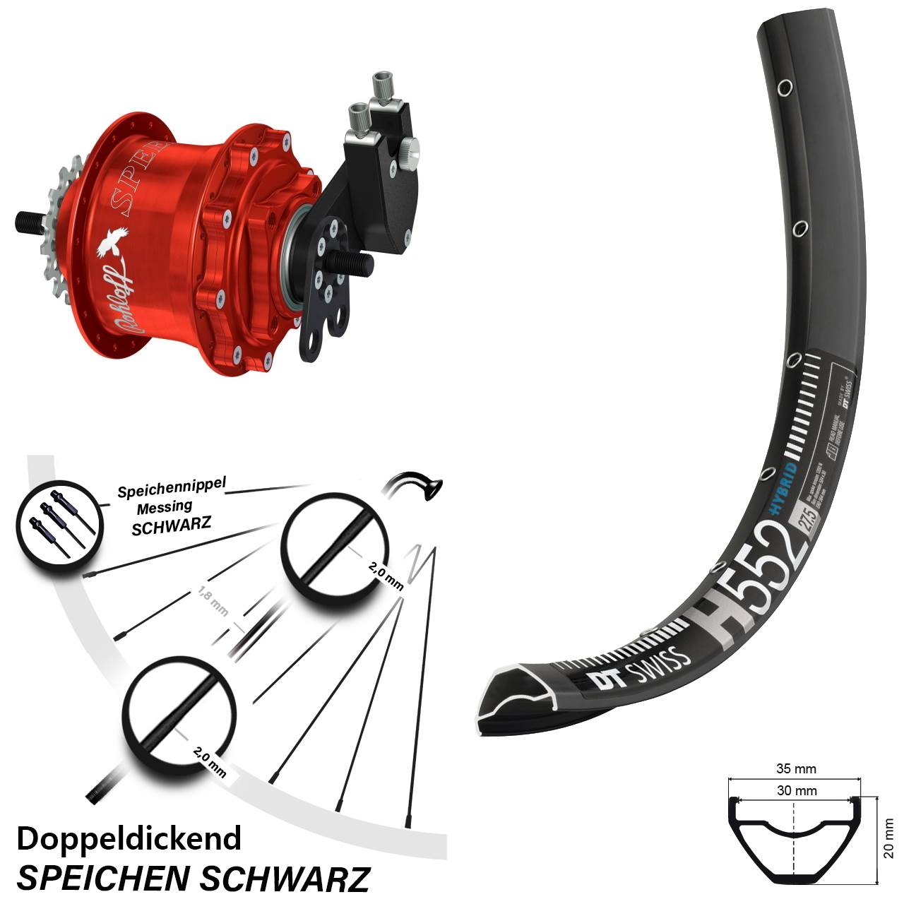 Disc Laufrad 27,5 Zoll DT Swiss H552 Rohloff Speedhub TS DB Tandem rot